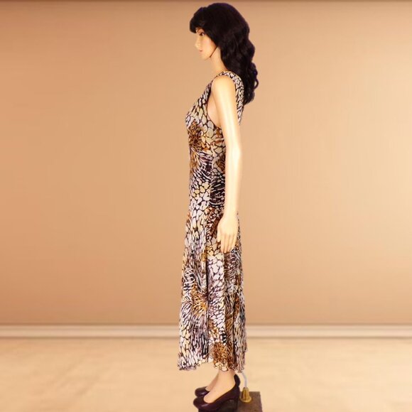 CHRIS McLAUGHLIN size 10 silk-like earth-tone sleeveless fit/flare maxi dress - Picture 7 of 11